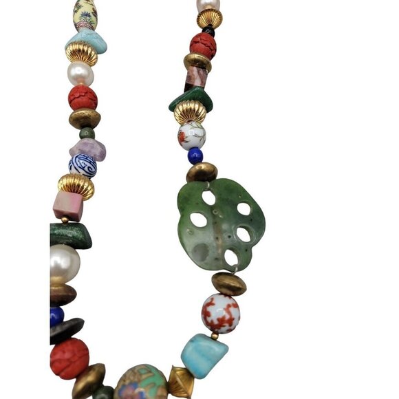 Art Statement Necklace Retro Beaded Multi Media Beads & Shaped Gemstone 25" - Picture 11 of 14